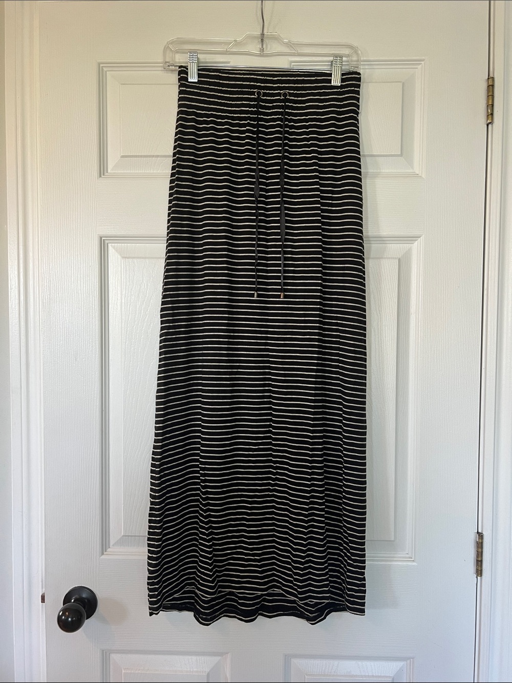 Navy & White Striped Maxi Skirt with Drawstring Waist